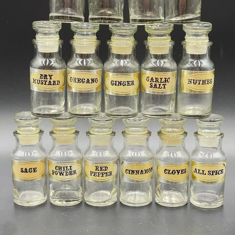 Vintage Spice Apothecary Jars Clear Glass Bottles Lot of 17 MCM